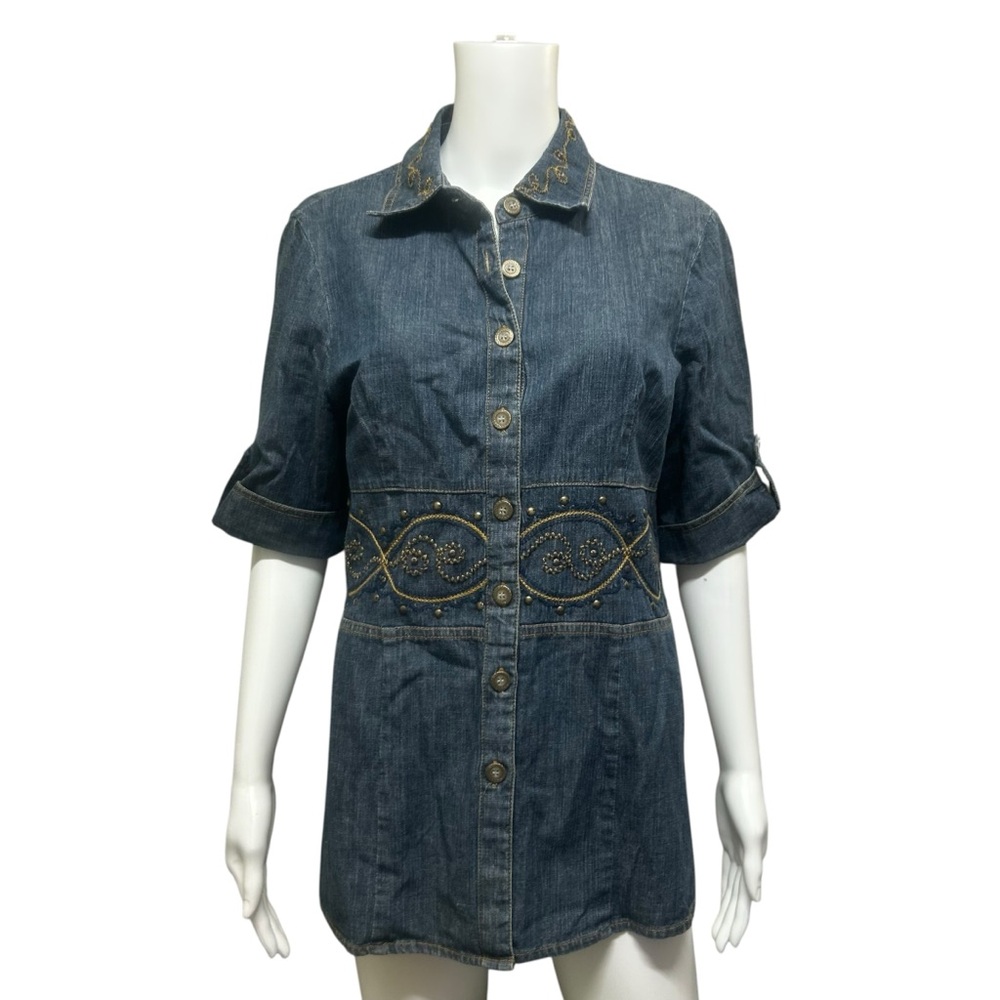 Lana Sport Blue Denim Embroidered Sewn Beading Blouse Size 10